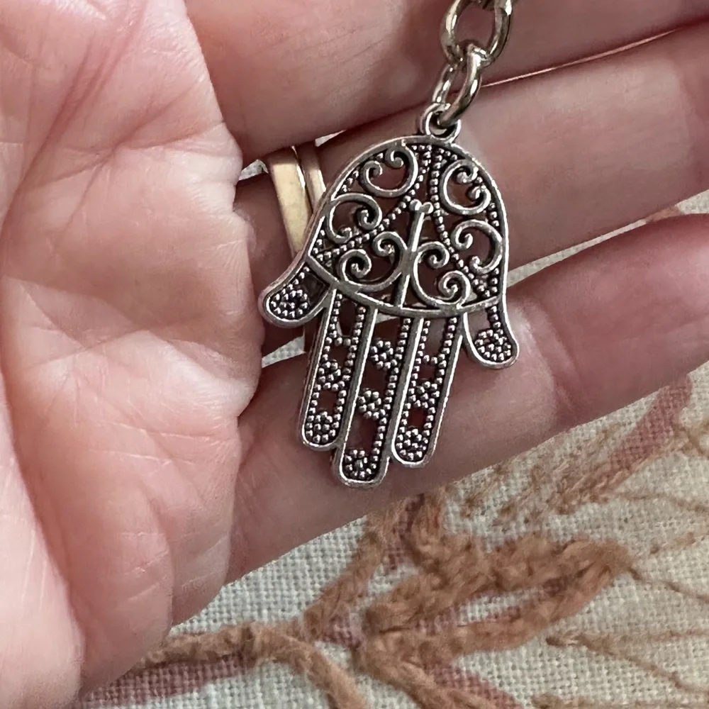 Hamsa hand keychain bag charm silver intricate metal dangling